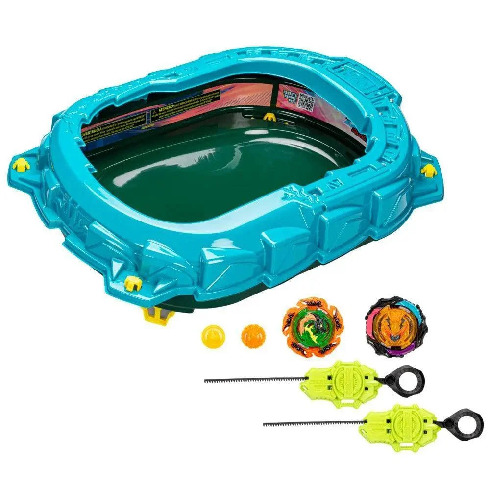 Beyblade stadium, beys and launchers included in the kight ignite battle set